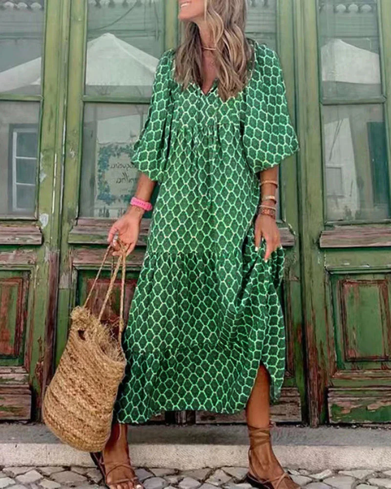 Breathable Lantern Sleeve Floral Print Long Dress Loose V-Neck Fashion Summer Beach Dress
