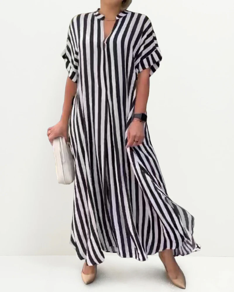 Vintage Pattern Print Boho Long Dress Elegant V Neck Short Sleeve Loose Maxi Dresses