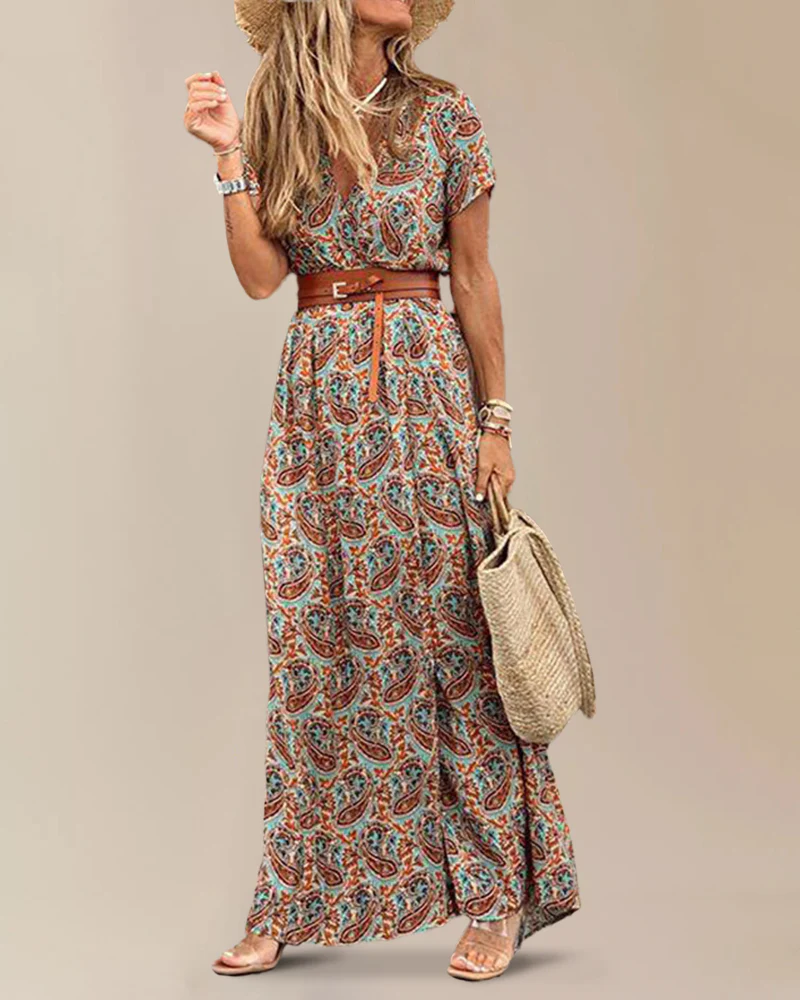 V Neck Short Sleeve Print Dress Belt Big Hem Beach Dress Elegant Long Dress