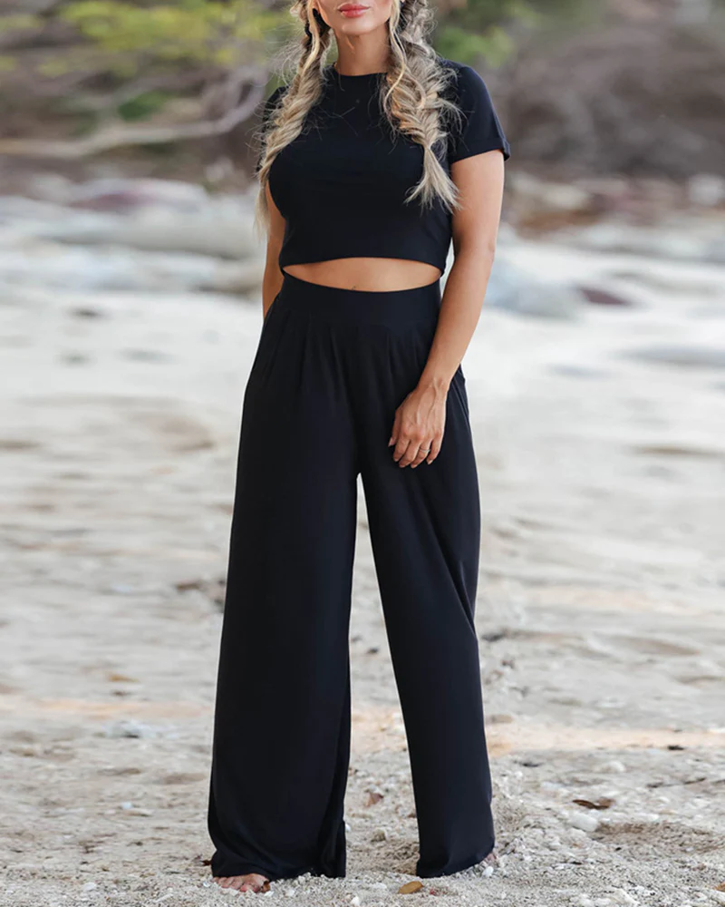 Two Piece Outfit Short Sleeve Crop Top and Wide Leg Pant Set