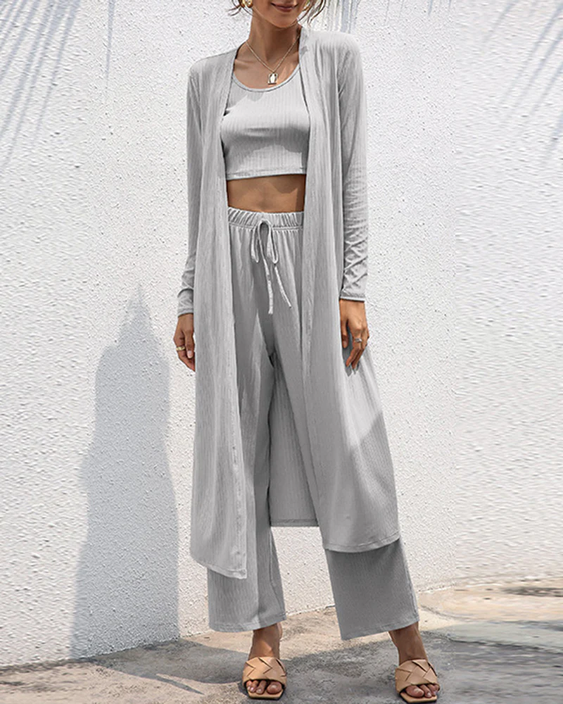 3 Piece Outfits Lounge Scoop Neck Crop Tops High Waist Pants Open Front Cardigan Set