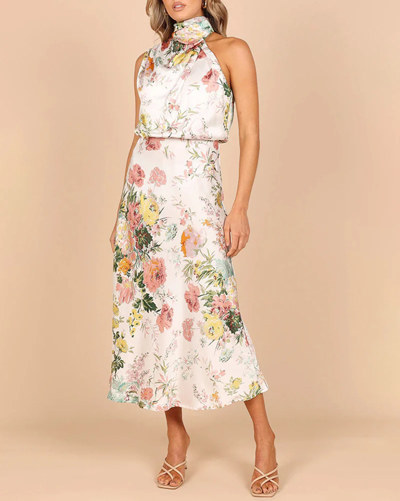 Sleeveless Halter Neck Printed Satin Dress