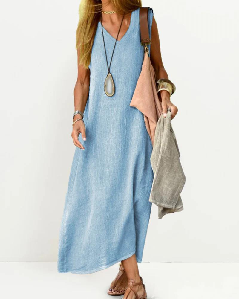 Casual Sleeveless Dress Solid V Neck Tank Long Dresses Plain Simple Beach Sundress Cover Ups