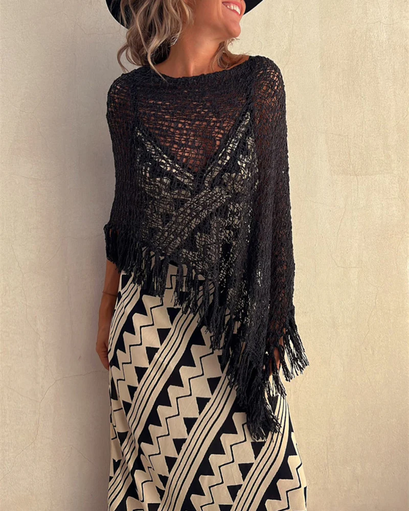 Dolman Sleeve Fringe Knit Sweater Pullover Cape Shawl Blouse