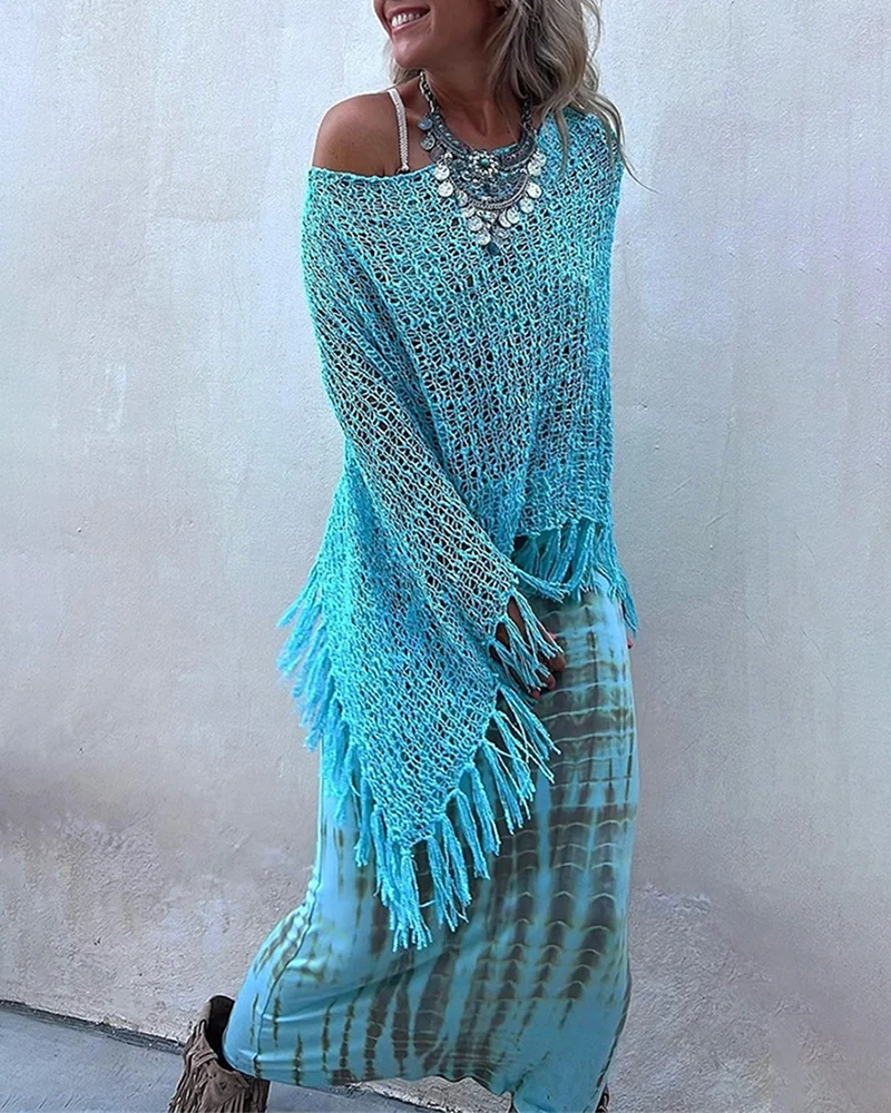Dolman Sleeve Fringe Knit Sweater Pullover Cape Shawl Blouse