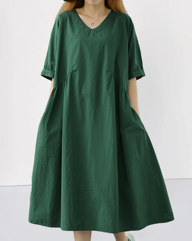 Summer Short Sleeve V-Neck Solid Cotton Casual Dress with Pockets