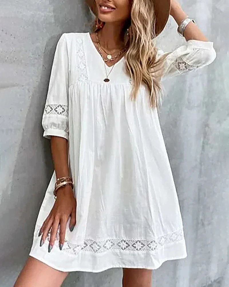 Solid Half Sleeve V Neck A-line Smock Dress