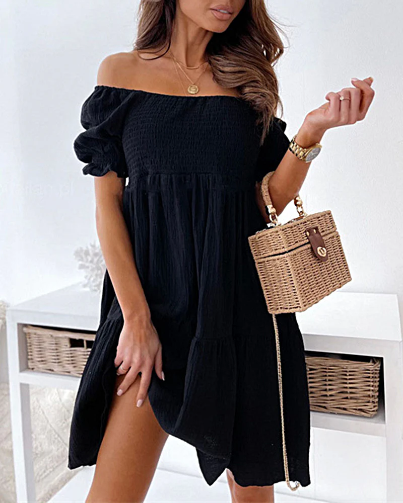 Off Shoulder Summer Casual Dresses Solid Loose Fit Short Flowy Pleated Dress Swing Beach Sundress
