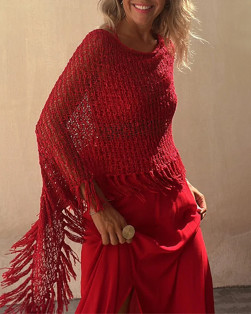 Dolman Sleeve Fringe Knit Sweater Pullover Cape Shawl Blouse