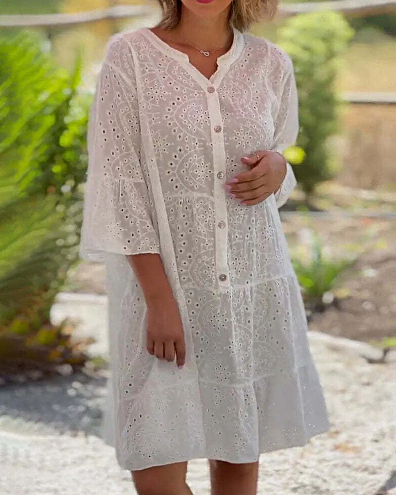 V-Neck 3/4 Sleeve Loose Embroidered Hollow Out Plus Size Blouse Dress