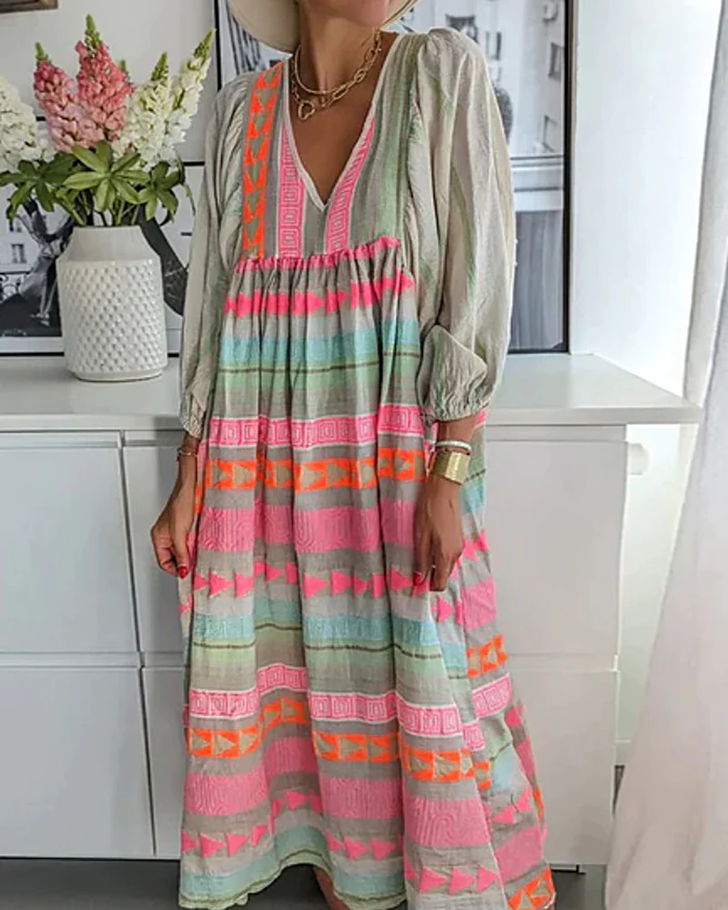 Geometric Color Block Bohemian Casual Pleated Patchwork Long-sleeved V-neck Dress
