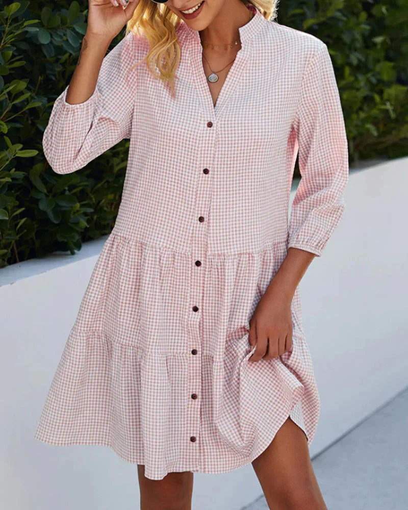 Plaid Print Shirt Dresses Button Up Split Neck Tunic Dress