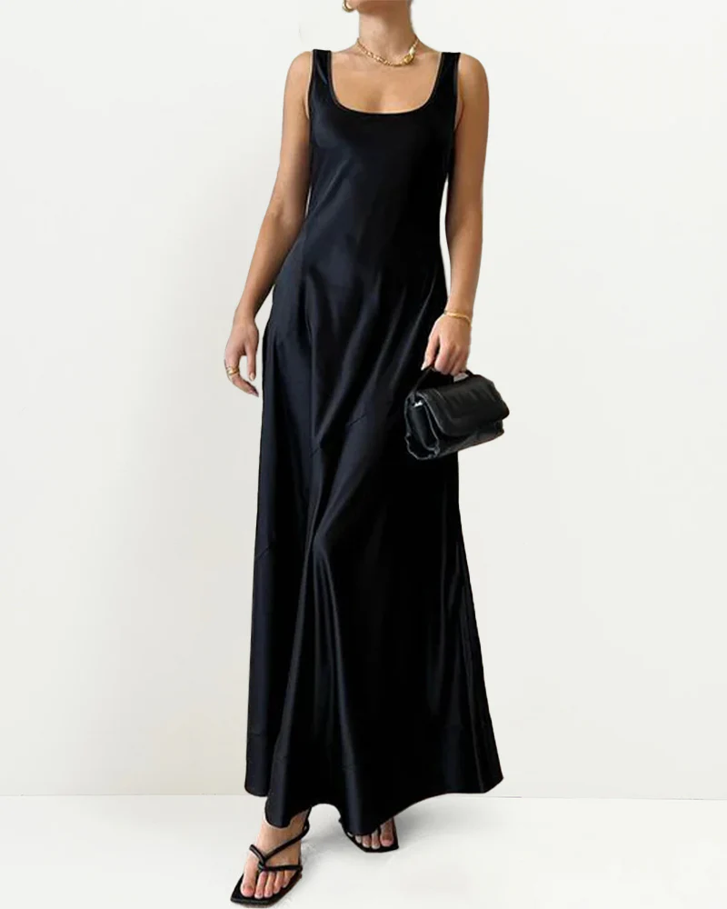 Silky U-Neck Sleeveless Tank Dress Long Slip Dress