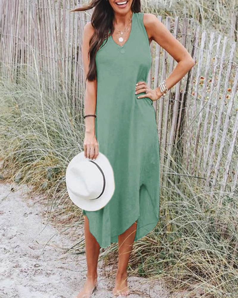 Sleeveless Crew Neck Spaghetti Strap Dress Bohemian Casual Loose Long Flowy Dress