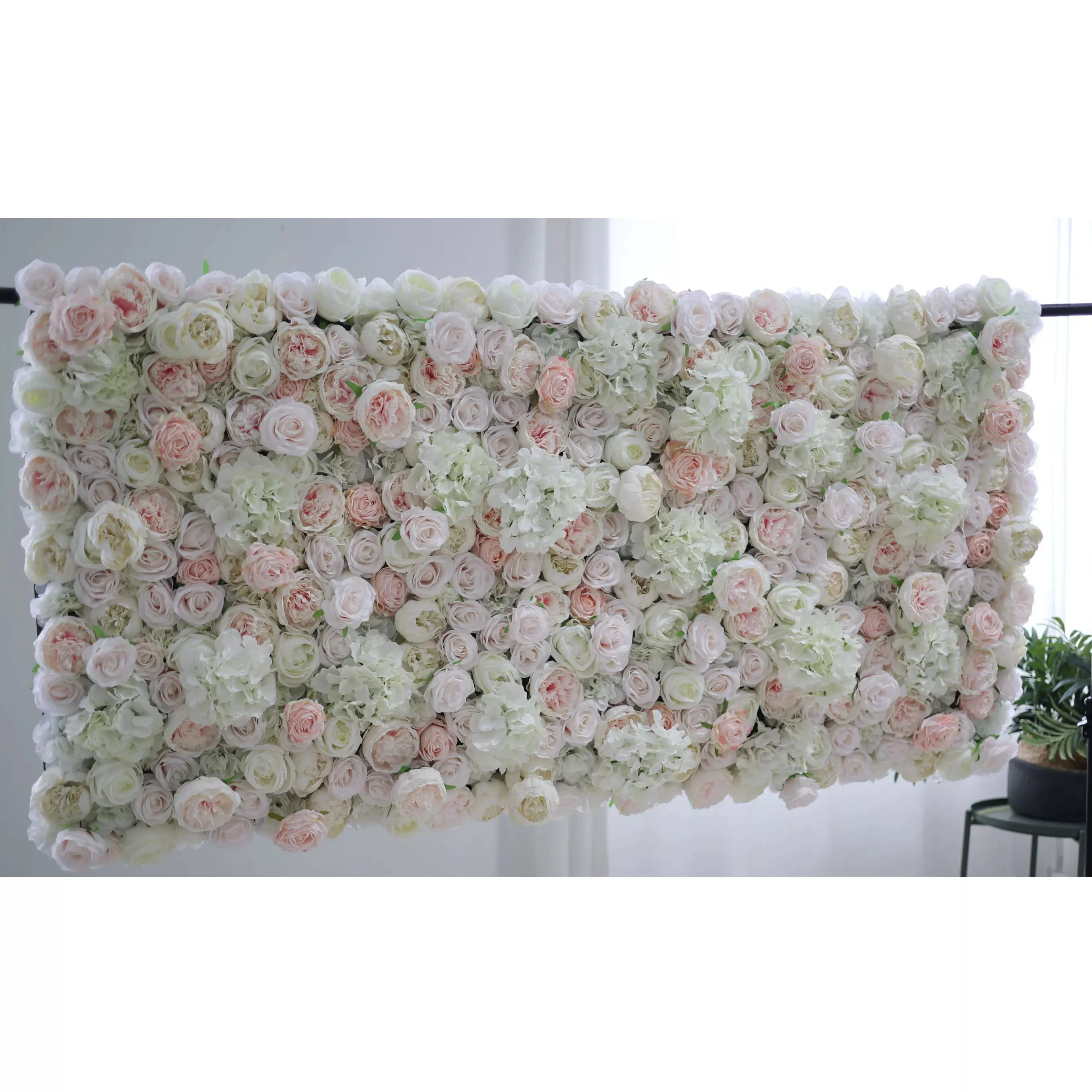 Roll Up Fabric Artificial Mixed White and Light Pink Rose Color Green Leaves Wall Wedding Backdrop, Floral Party Decor, Event Photography, Spa Decor-VF-090-2