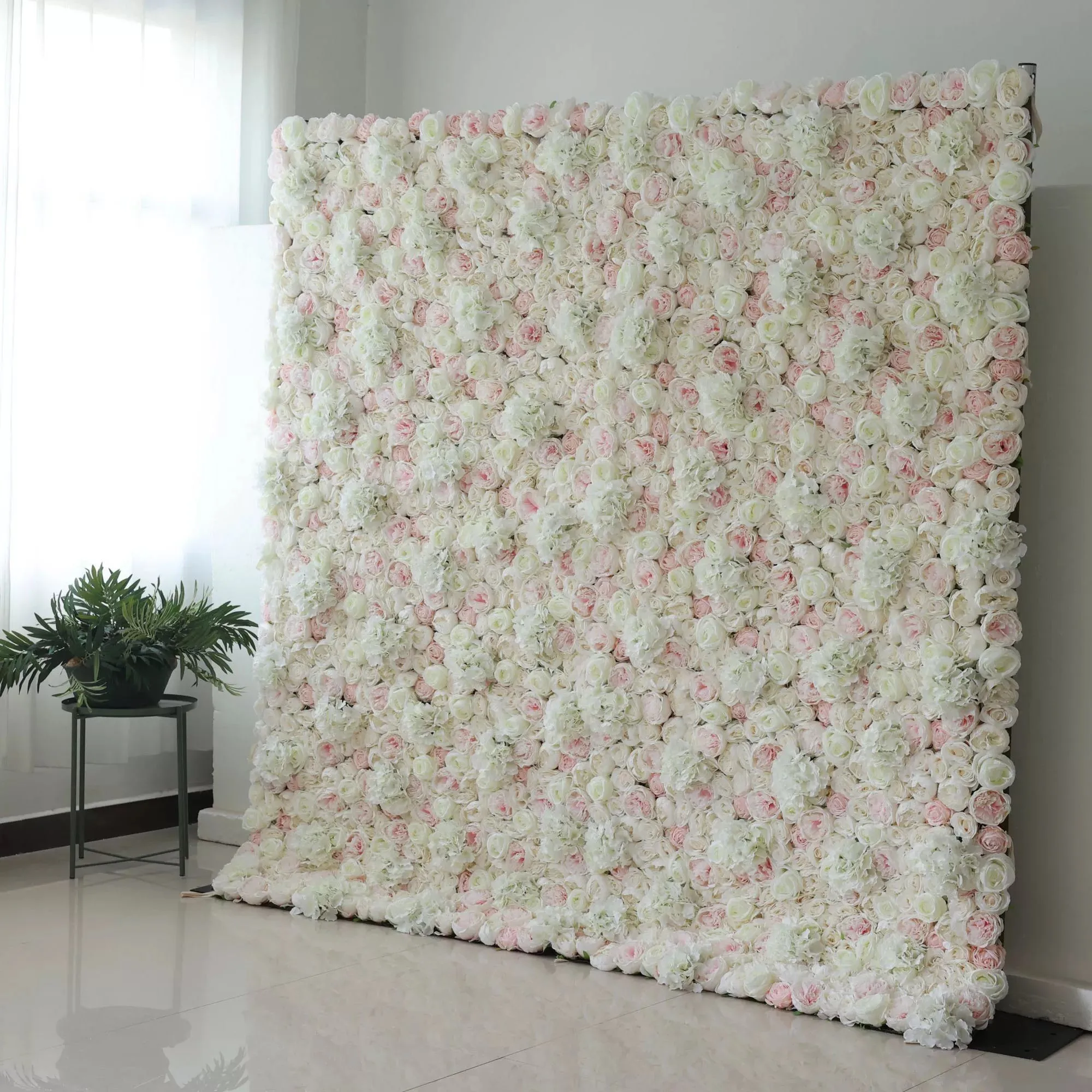 Roll Up Fabric Artificial Mixed White and Pink Rose Color Green Leaves Wall Wedding Backdrop, Floral Party Decor, Event Photography, Spa Decor-VF-090