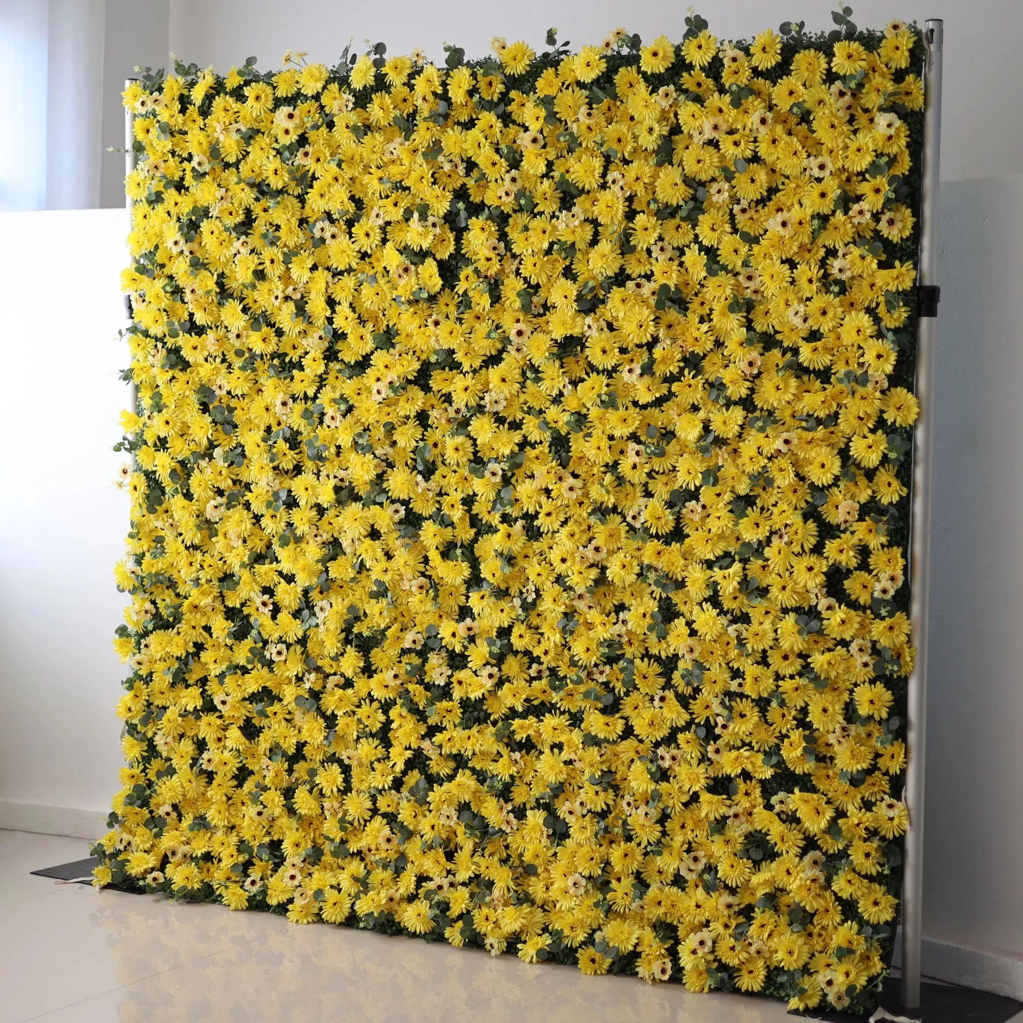 Roll Up Fabric Artificial Burnt Yellow Euryops Pectinatus Flower Wall Wedding Backdrop, Floral Party Decor, Event Photography-VF-069