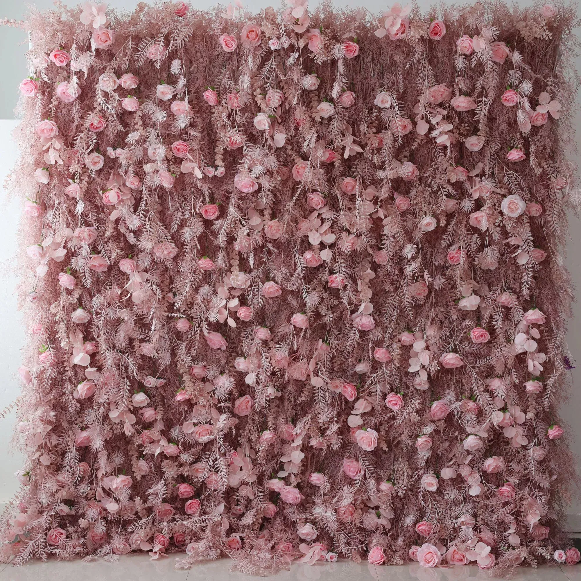 Blushing Pink Blossom Wall with Frosted Fern Accents: Romance Meets Whimsy for Sophisticated Celebrations-VF-202-3
