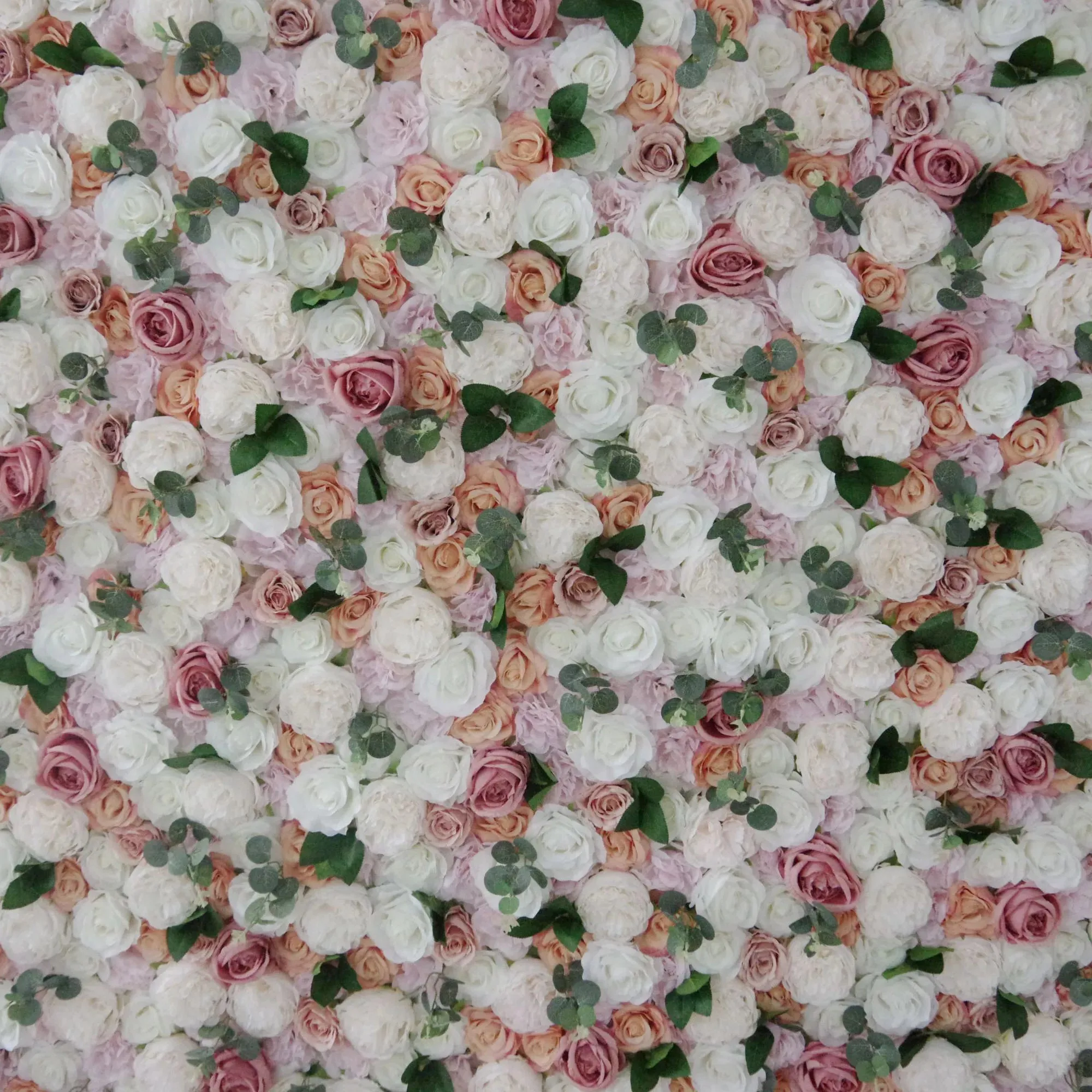 Roll Up Fabric Artificial Mixed White and Pink Rose Color Green Leaves Wall Wedding Backdrop, Floral Party Decor, Event Photography-VF-089