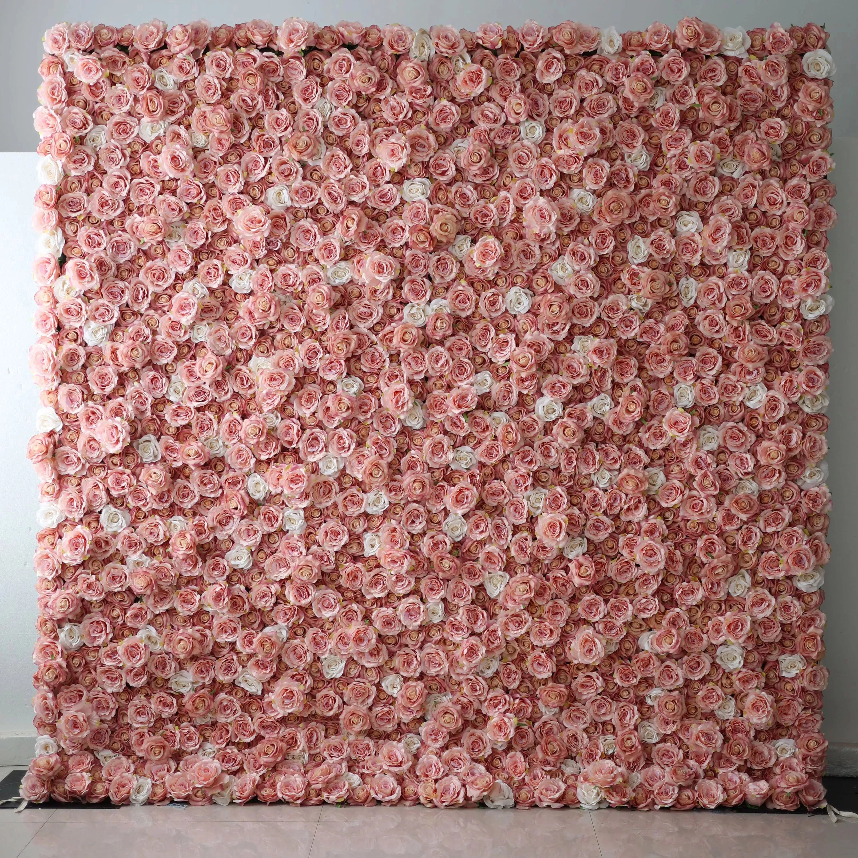 Roll Up Fabric Artificial Turkish Rose and Oriental Pink and White Flower Wall Wedding Backdrop, Floral Party Decor, Event Photography-VF-054