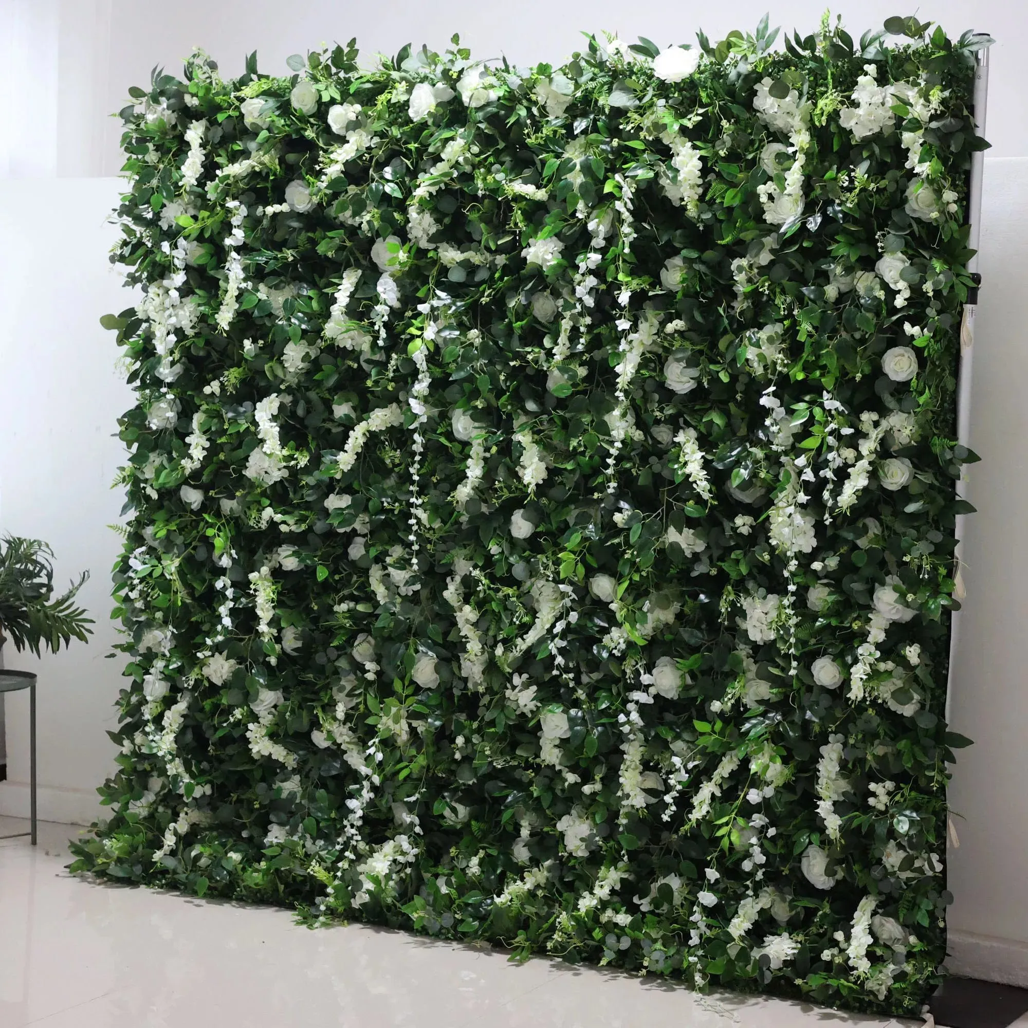 Roll Up Fabric Artificial White Flower and Vivid Green Leaves Floral Wall Wedding Backdrop, Floral Party Decor, Event Photography-VF-071-3