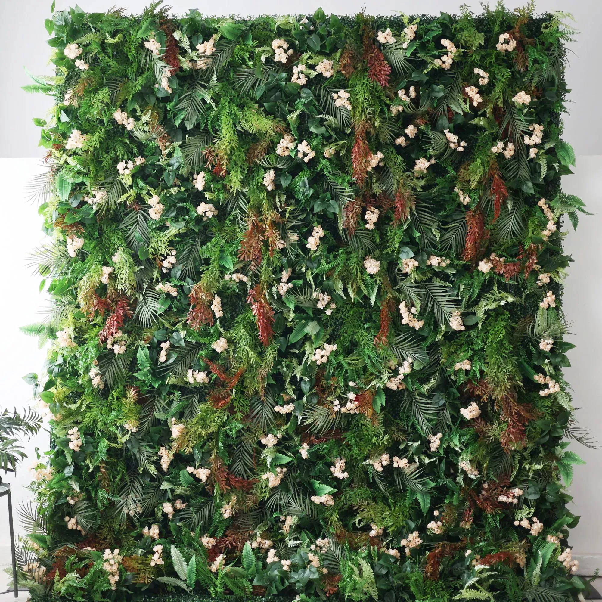 Lush Tropical Forest Wall with Delicate Ivory Blooms: Dive into Nature's Embrace - Perfect Fusion of Greenery and Floral Elegance-VF-203