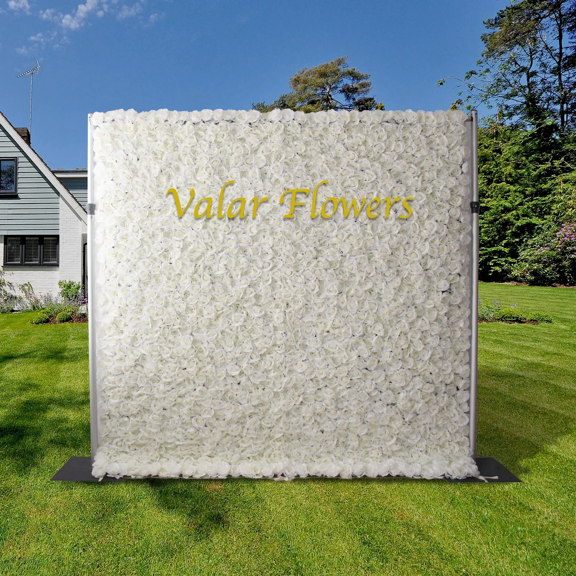 Roll Up Fabric Artificial White Roses Flower Wall Wedding Backdrop, Floral Party Decor, Event Photography-VF-026