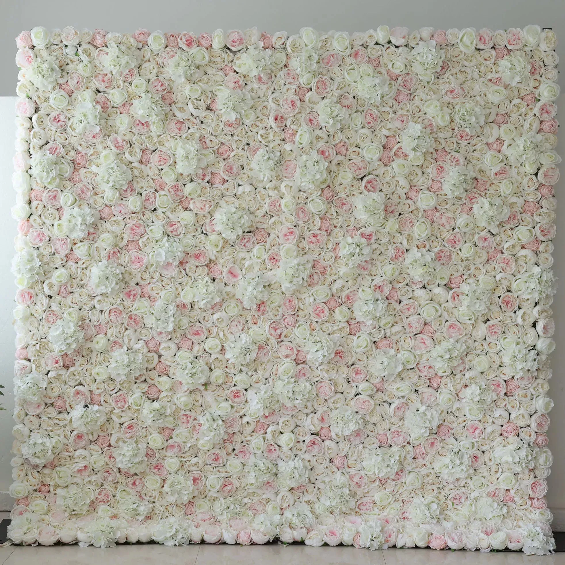 Roll Up Fabric Artificial Mixed White and Pink Rose Color Green Leaves Wall Wedding Backdrop, Floral Party Decor, Event Photography, Spa Decor-VF-090