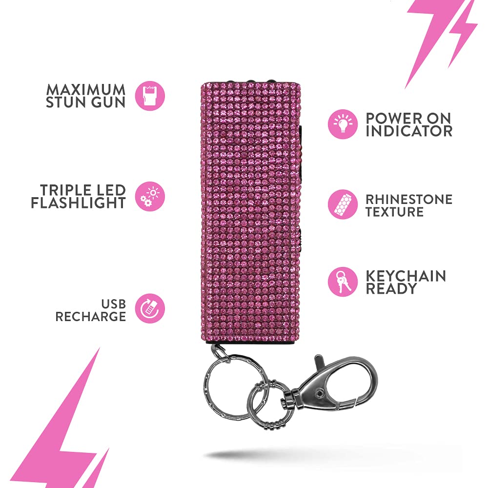 Mini Stun Gun Keychain for Self Defense, USB Rechargeable with LED Flashlight, Pink