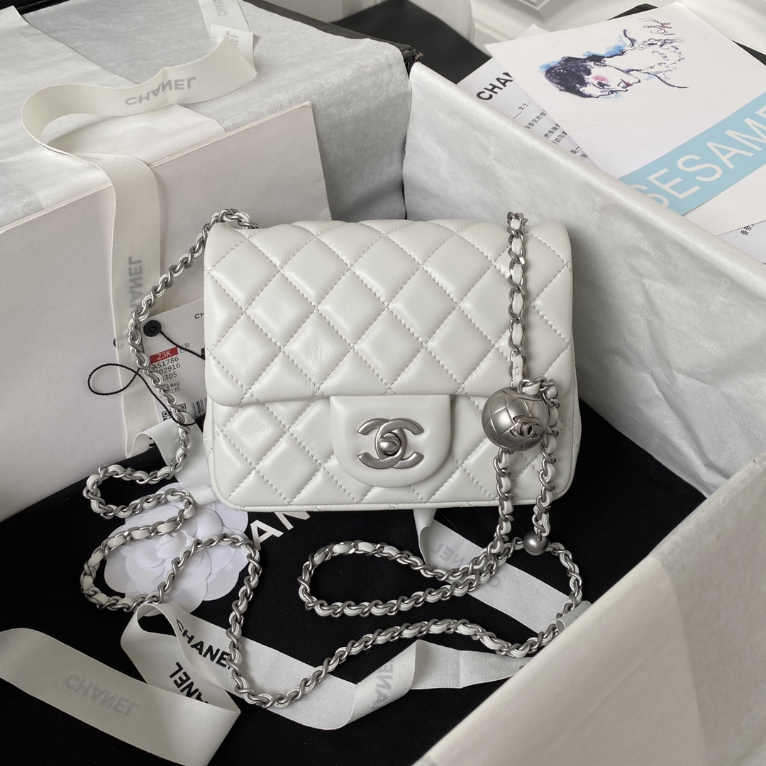 Chanel Classic Flag Bag Pearl Crush Mini Square Flap Bag White Lambskin ...