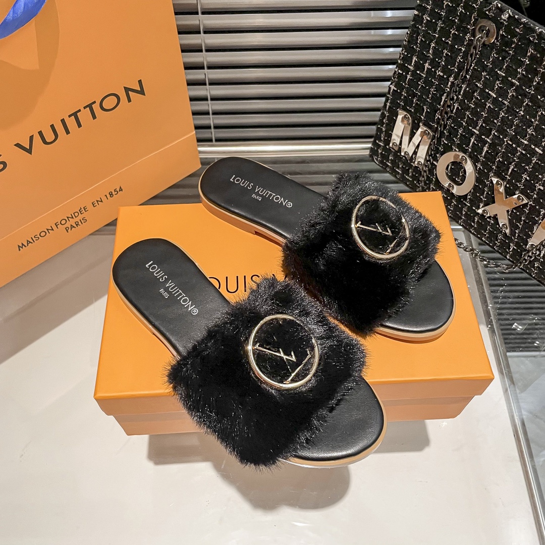 Louis Vuitton Real Fur Sandals Slippers - Gorchic