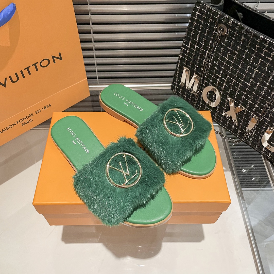 Louis Vuitton Real Fur Sandals Slippers - Gorchic