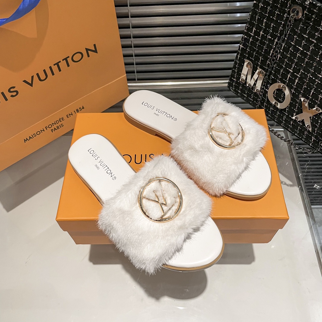 Louis Vuitton Real Fur Sandals Slippers - Gorchic