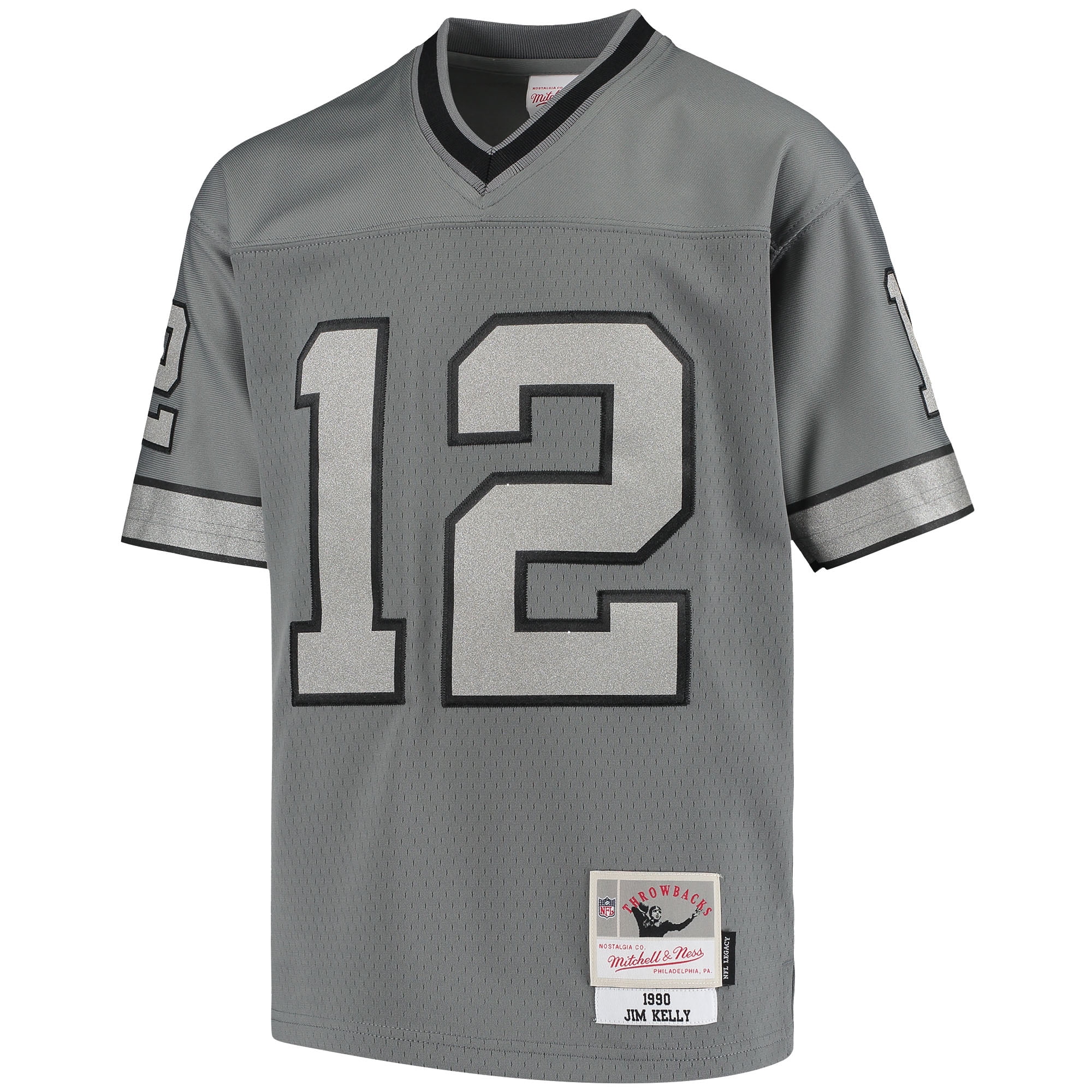 Youth Mitchell & Ness Jim Kelly Charcoal Buffalo Bills 1990 Retired Player Metal Replica Jersey
