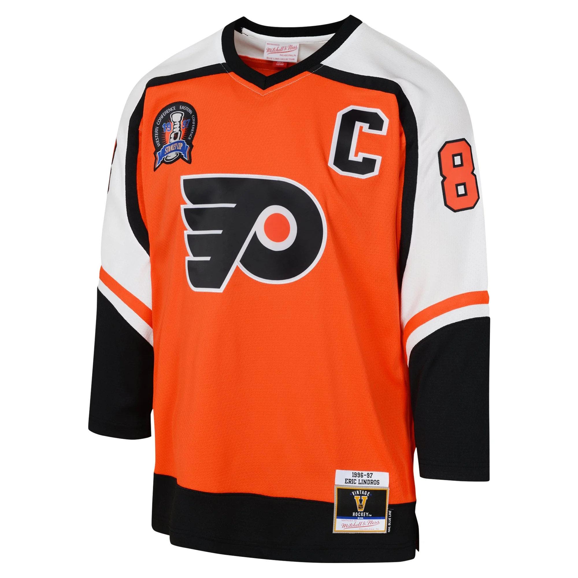 Youth Mitchell & Ness Eric Lindros Orange Philadelphia Flyers 1996-97 Blue Line Player Jersey