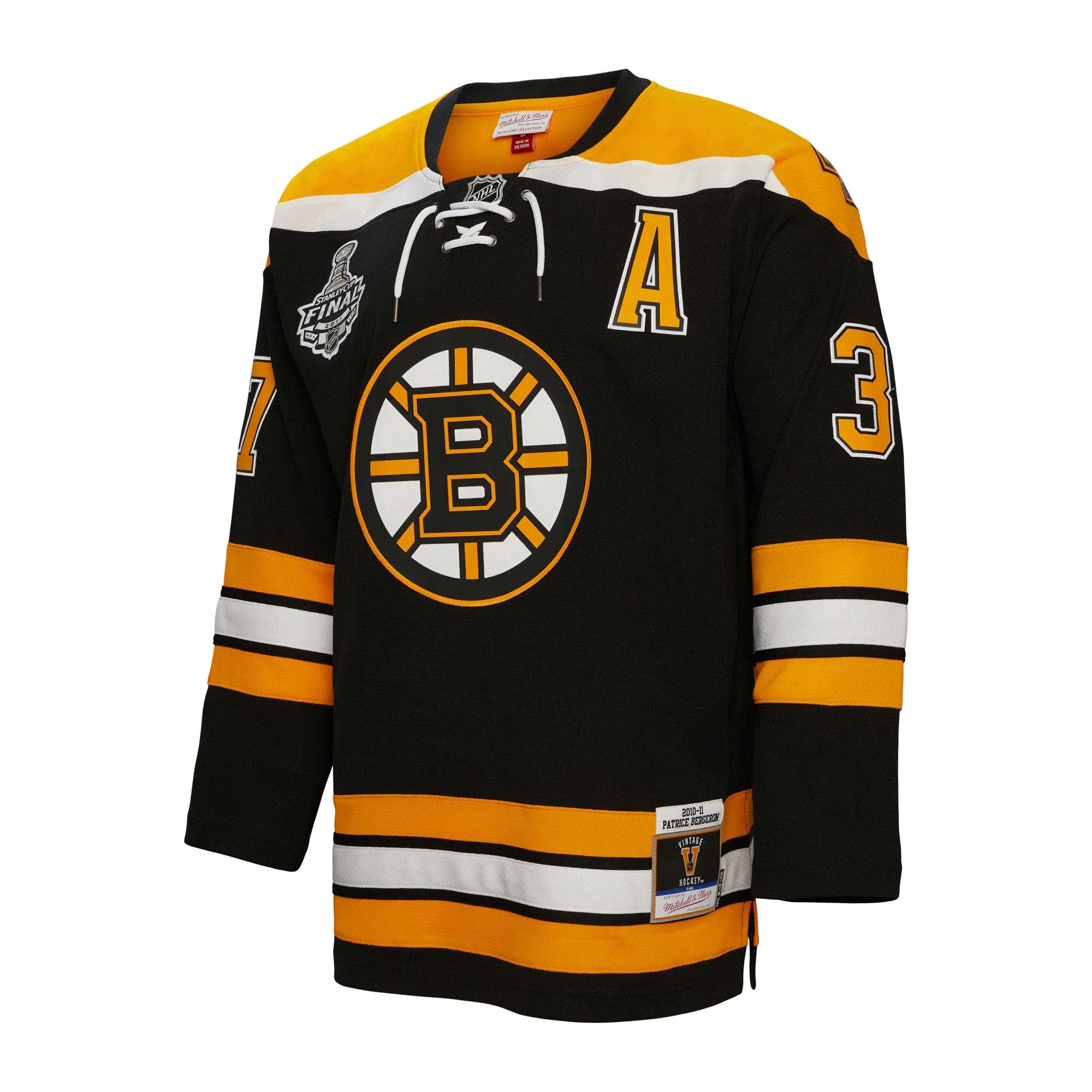 Men's Mitchell & Ness Patrice Bergeron Black Boston Bruins 2010/11 Alternate Captain Patch Blue Line Player Jersey