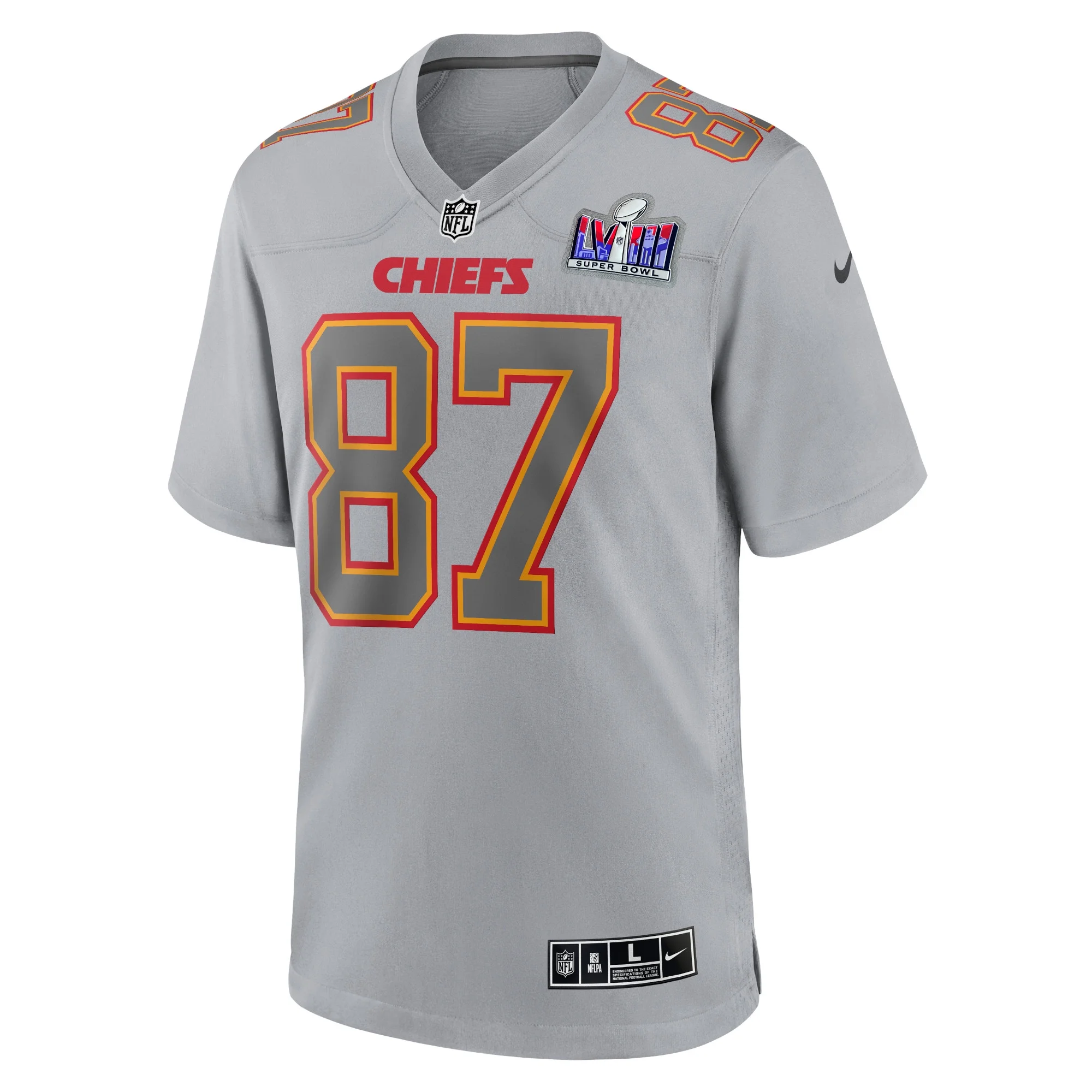 Men's Nike Travis Kelce Gray Kansas City Chiefs Super Bowl LVIII Atmosphere Fashion Game Jersey