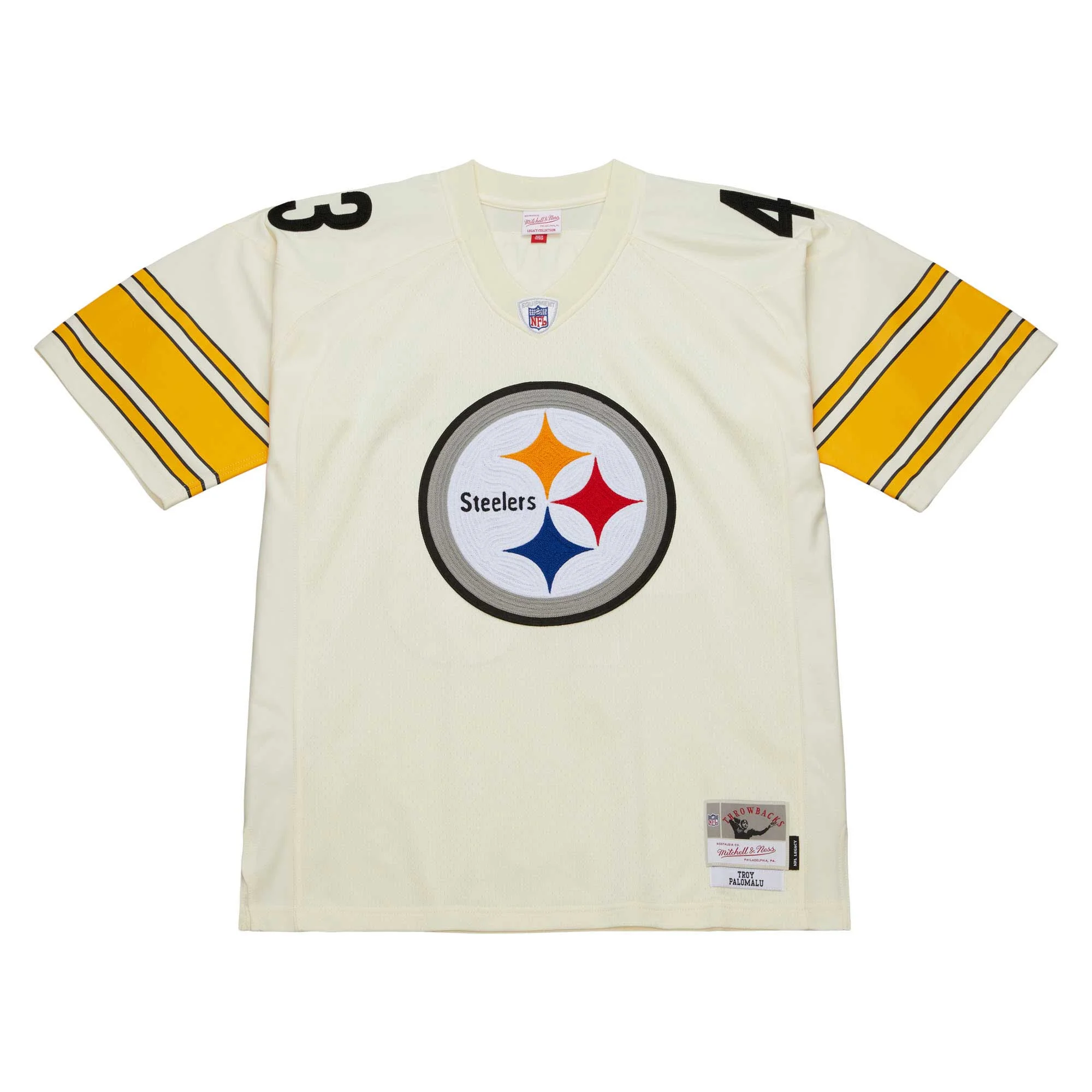 Men's Mitchell & Ness Troy Polamalu Cream Pittsburgh Steelers Chainstitch Legacy Jersey