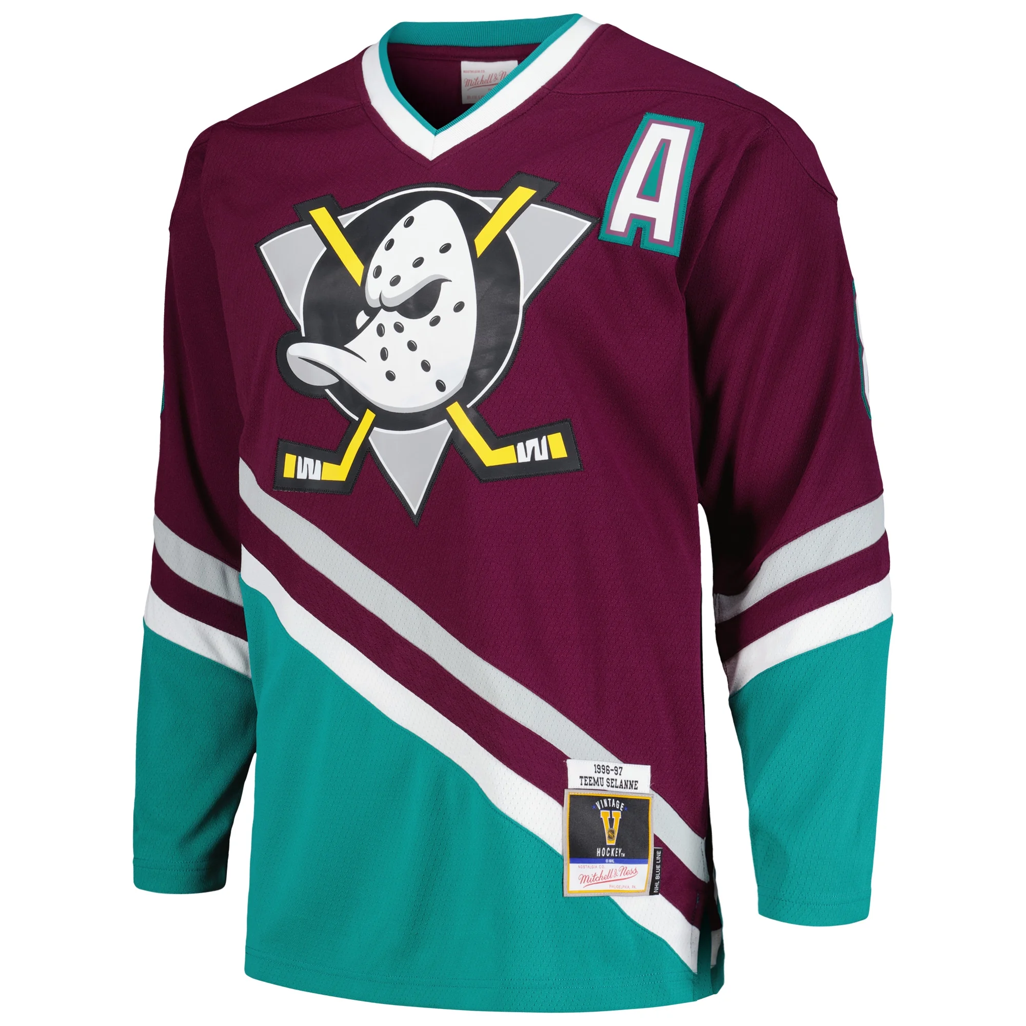Men's Mitchell & Ness Teemu Selanne Purple Anaheim Ducks 1996/97 Alternate Captain Patch Blue Line Player Jersey