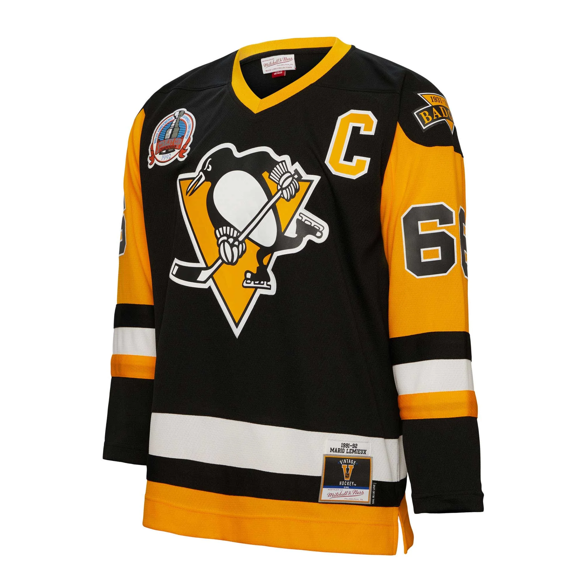 Men's Mitchell & Ness Mario Lemieux Black Pittsburgh Penguins Captain Patch 1991/92 Blue Line Player Jersey