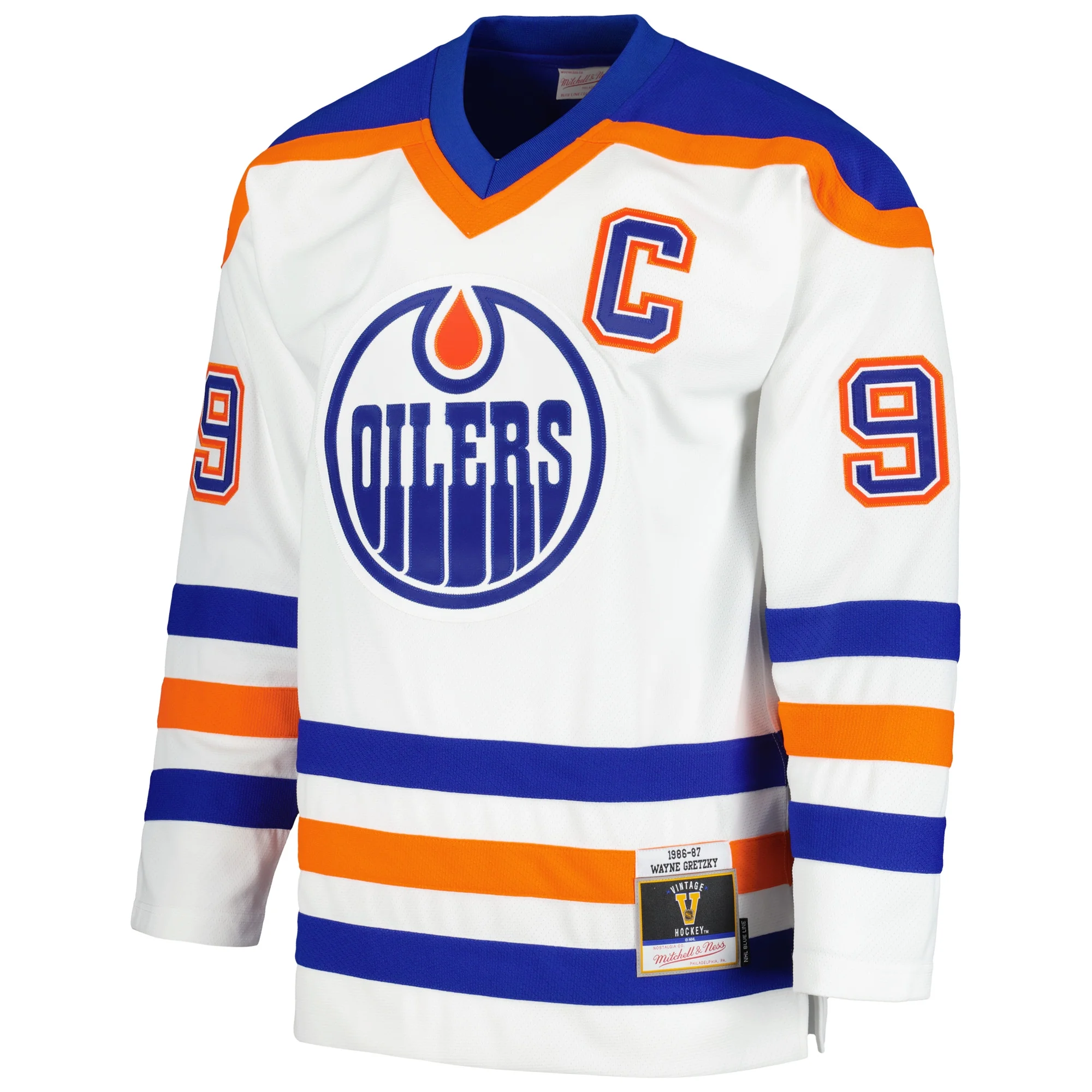 Men's Mitchell & Ness Wayne Gretzky White Edmonton Oilers 1986/87 Blue Line Player Jersey