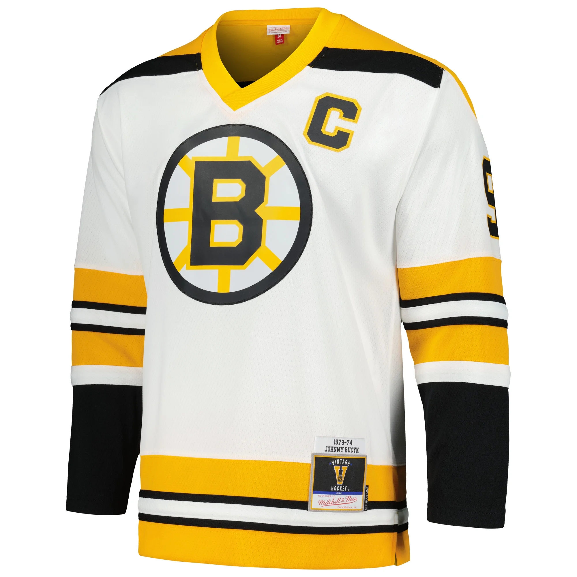 Men's Mitchell & Ness Johnny Bucyk White Boston Bruins 1973/74 Blue Line Player Jersey
