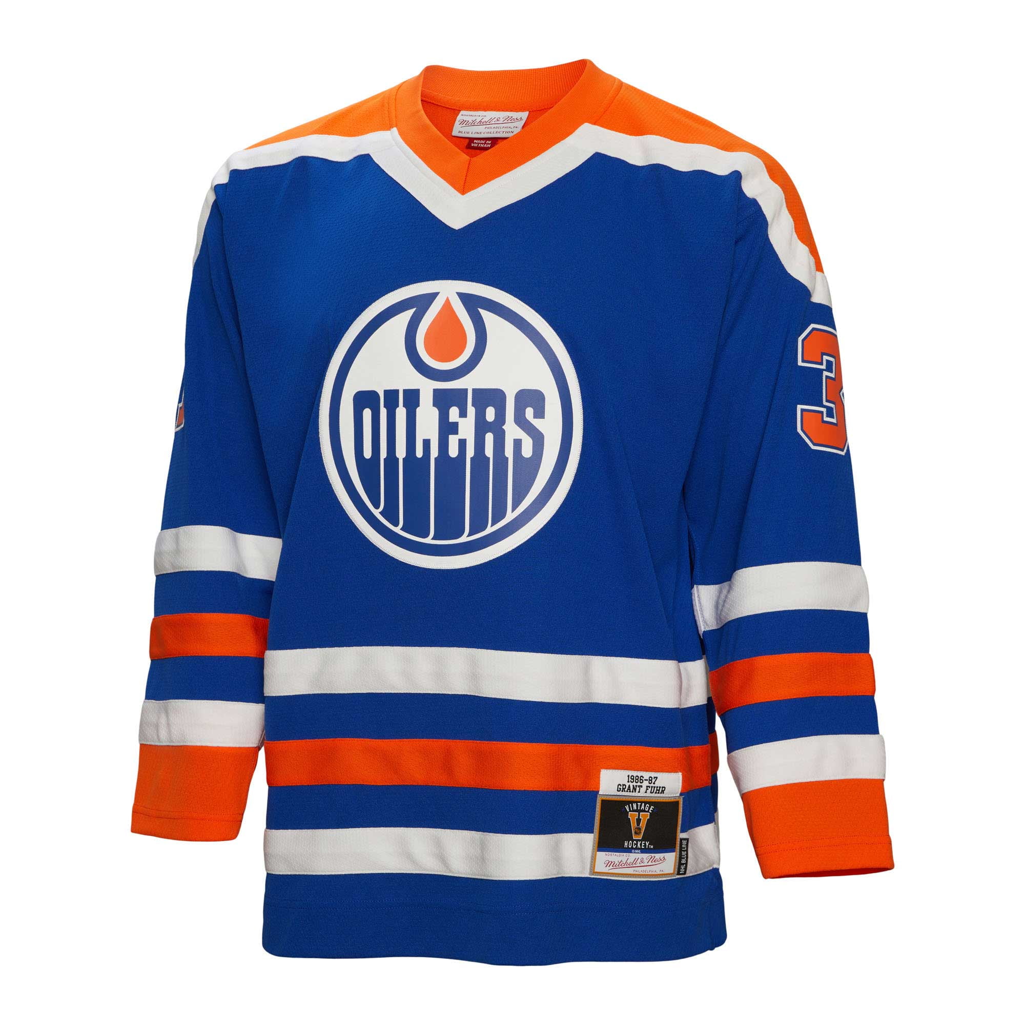 Men's Mitchell & Ness Grant Fuhr Royal Edmonton Oilers 1986/87 Blue Line Player Jersey