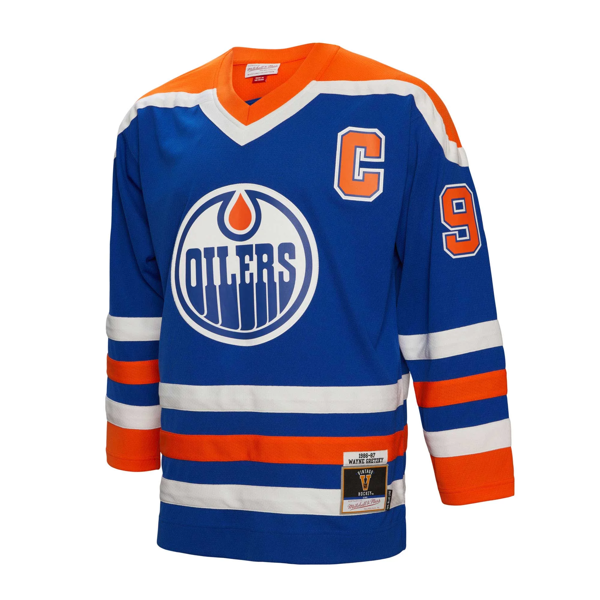 Men's Mitchell & Ness Wayne Gretzky Royal Edmonton Oilers Big & Tall 1986 Captain Patch Blue Line Player Jersey