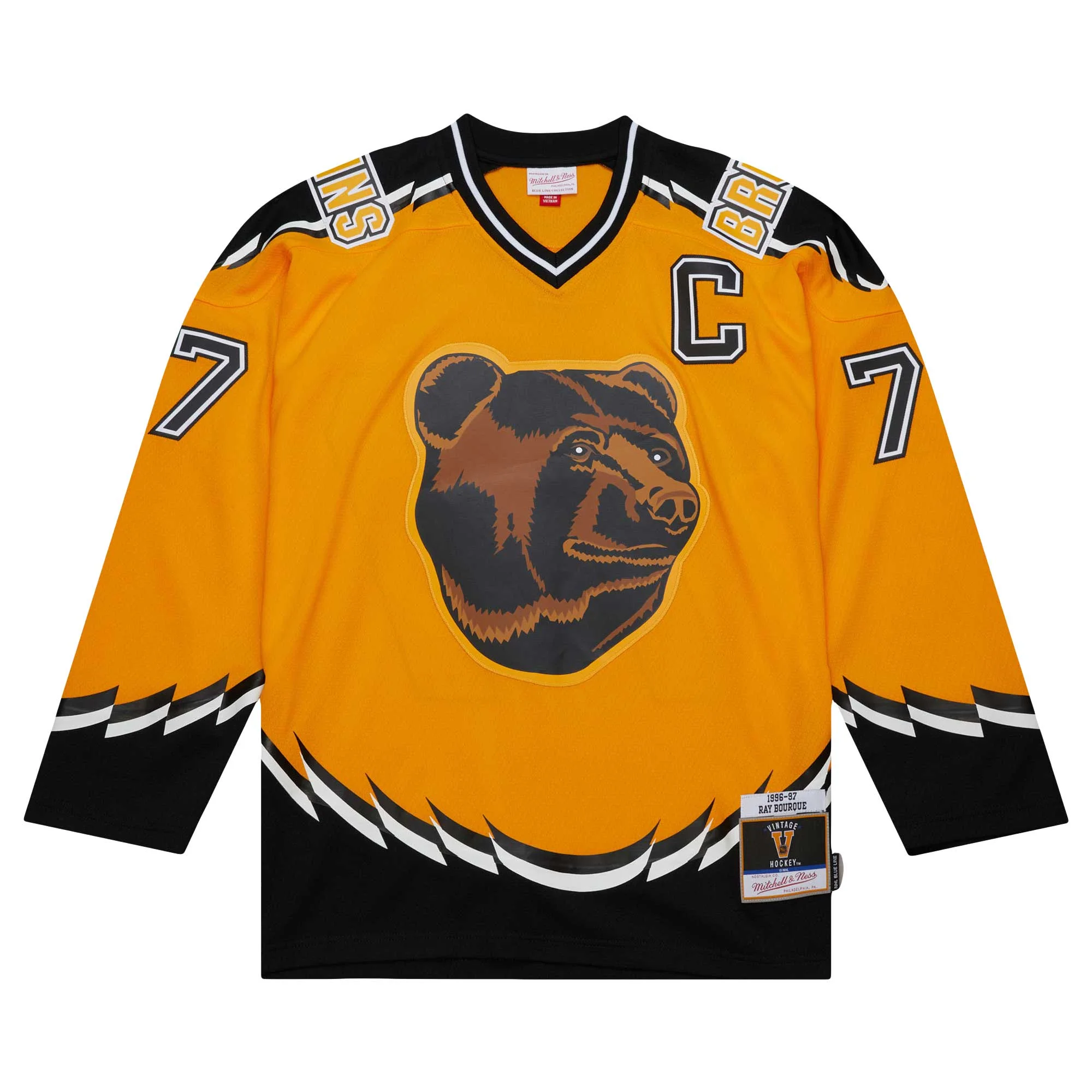 Men's Mitchell & Ness Ray Bourque Gold Boston Bruins 1996/97 Captain Patch Blue Line Player Jersey