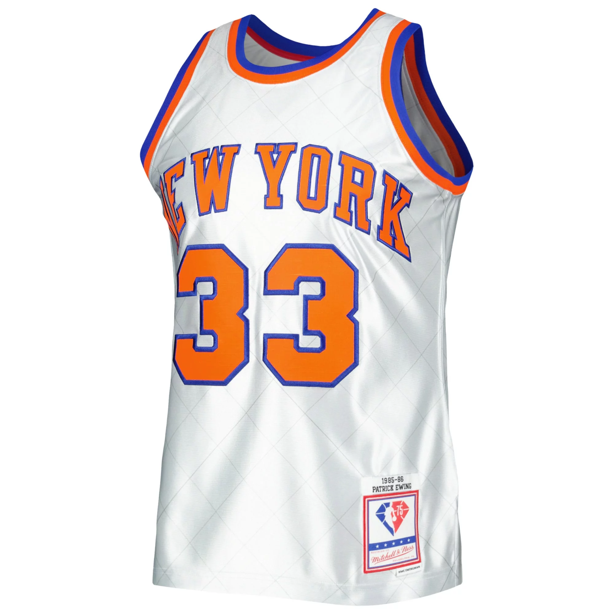 Men's Mitchell & Ness Patrick Ewing Platinum New York Knicks 1985/86 Hardwood Classics 75th Anniversary Swingman Jersey