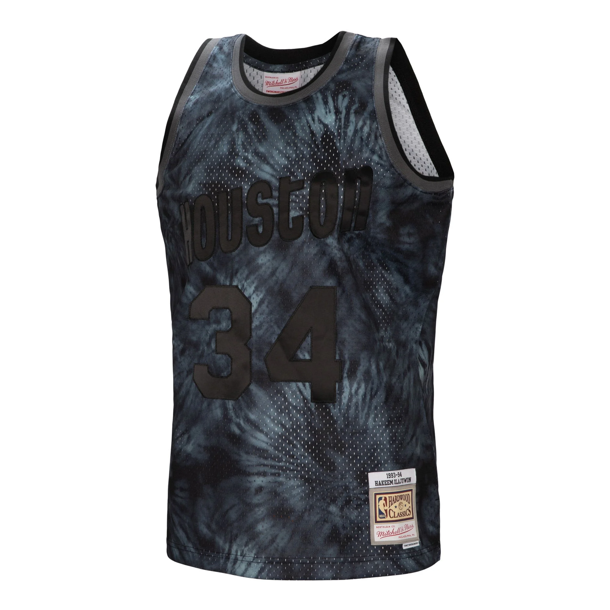 Men's Mitchell & Ness Hakeem Olajuwon Black Houston Rockets Hardwood Classics 1993/94 Tie-Dye Swingman Jersey