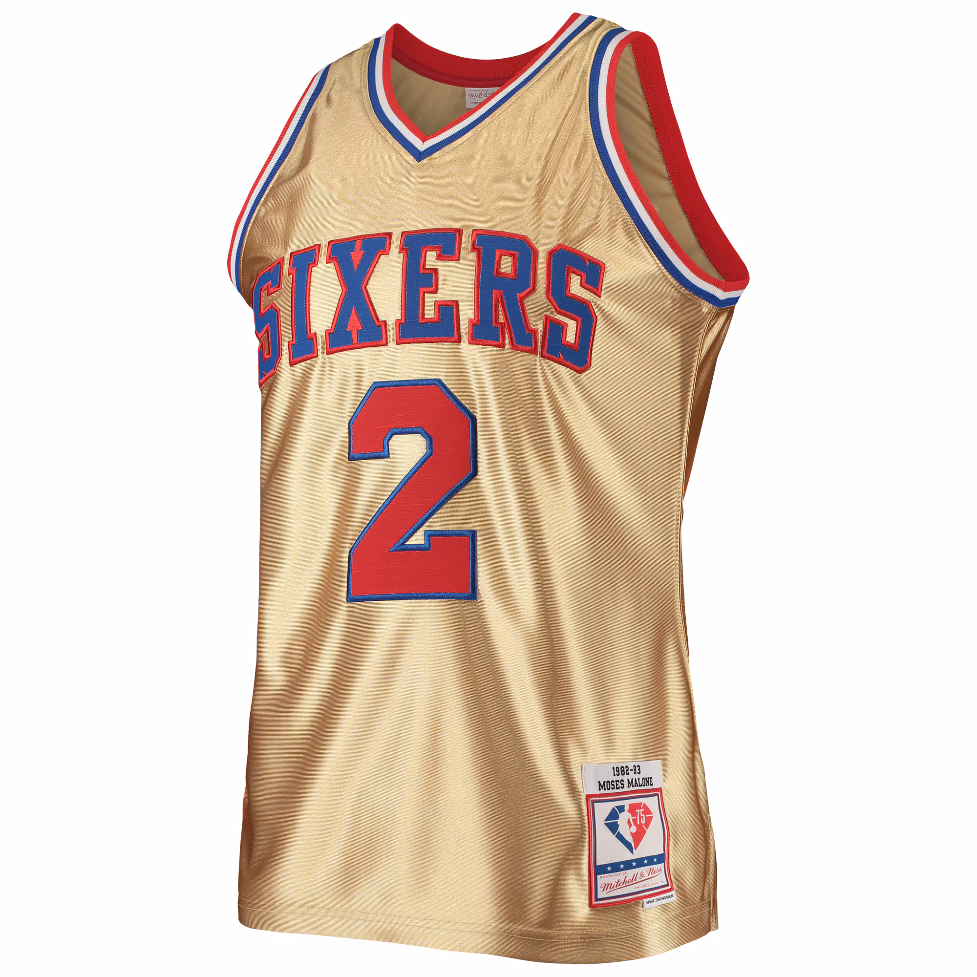 Moses Malone Philadelphia 76ers Mitchell & Ness 75th Anniversary 1982/83 Hardwood Classics Swingman Jersey - Gold