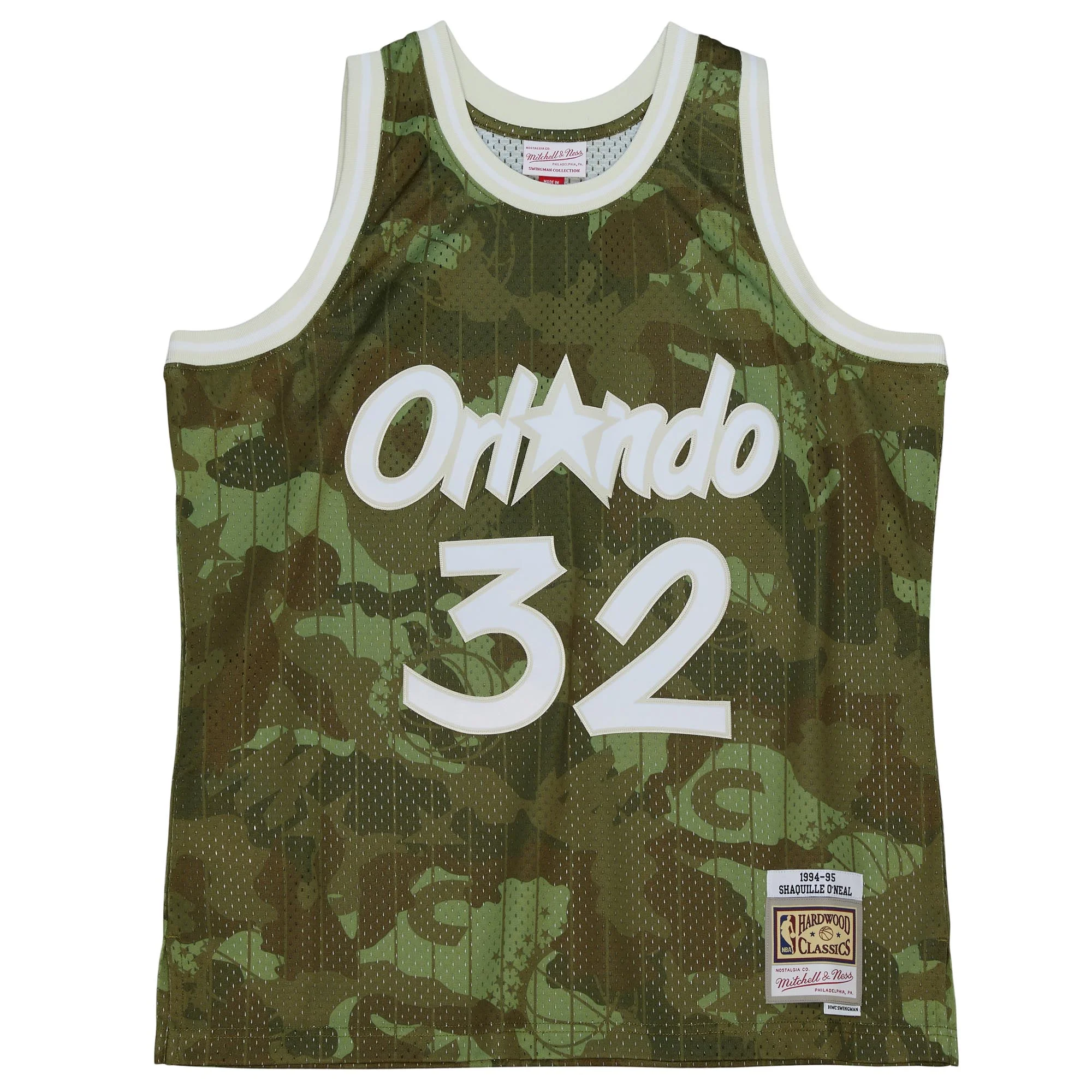 Men's Mitchell & Ness Shaquille O'Neal Camo Orlando Magic Hardwood Classics 1994/95 Ghost Green Swingman Jersey