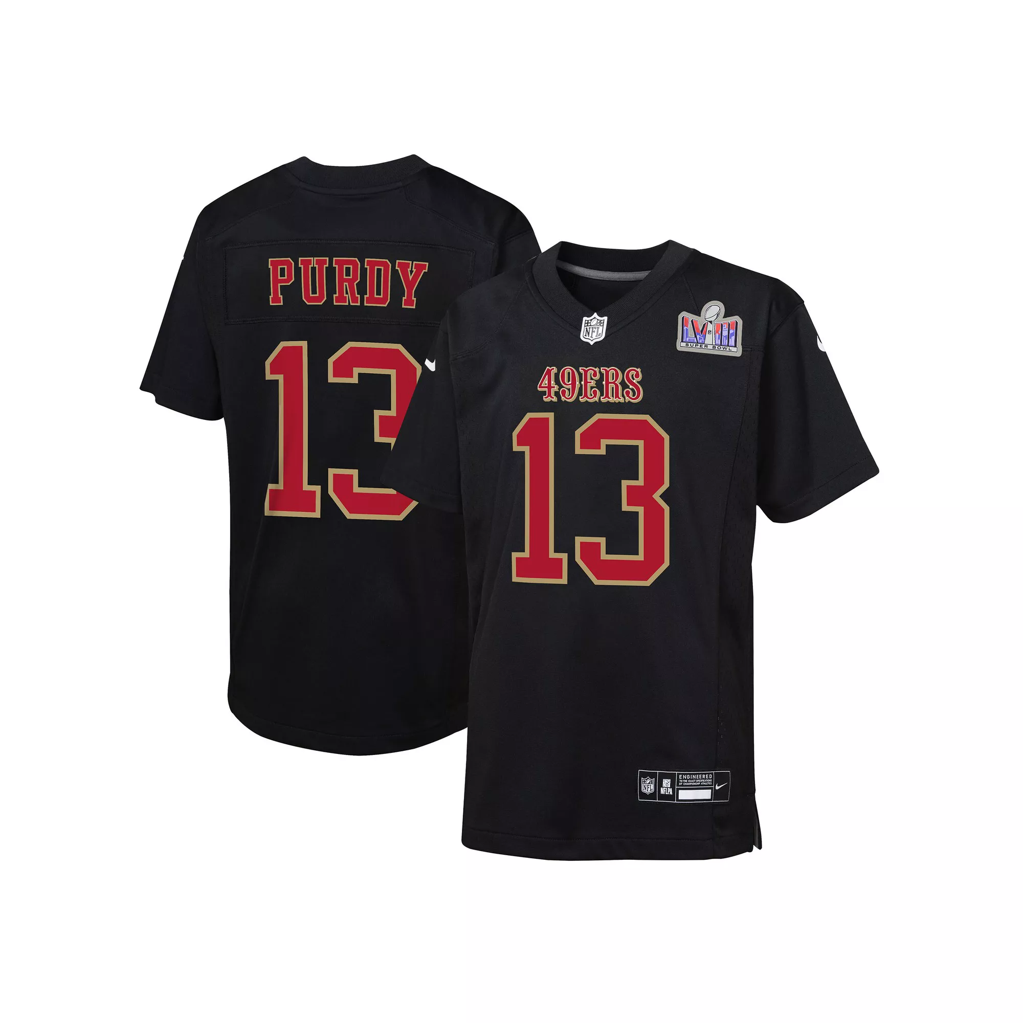 Youth Nike Brock Purdy Black San Francisco 49ers Super Bowl LVIII Patch Carbon Fashion Game Jersey